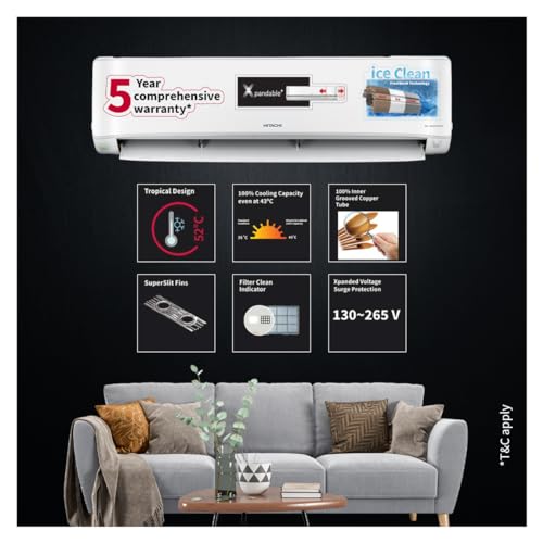 Hitachi 1.5 Ton Class 3 Star, ice Clean, Xpandable+, Inverter Split AC with 5 Year Comprehensive Warranty* (100% Copper, Dust Filter, 2024 Model - 3400FXL RAS.G318PCBIBF, White)