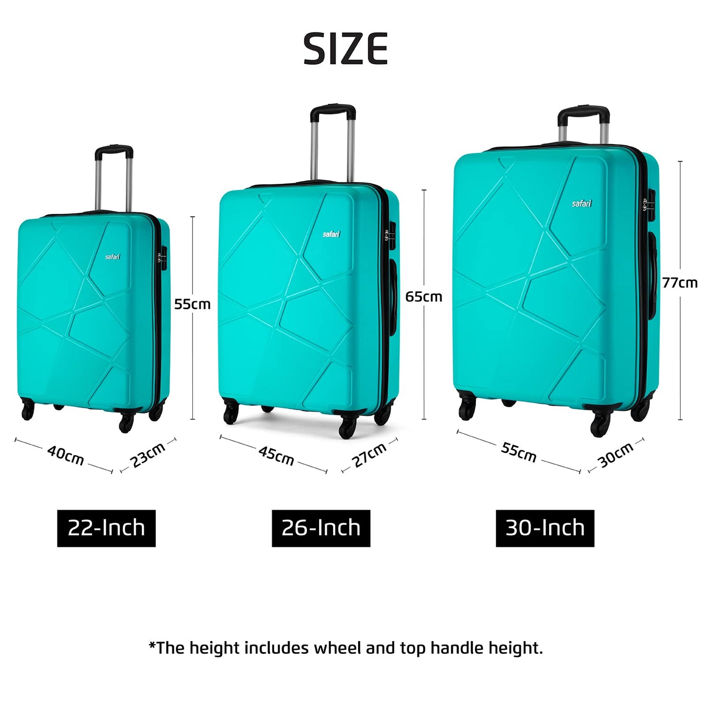 Safari Pentagon 3 Pc Set 55, 65 & 75 Cms- Small, Medium & Large Polypropylene (Pp) Hard Sided 4 Wheels 360 Degree Rotation Luggage Set/Speed_Wheel Suitcase Set/Trolley Bag Set (Cyan Blue)