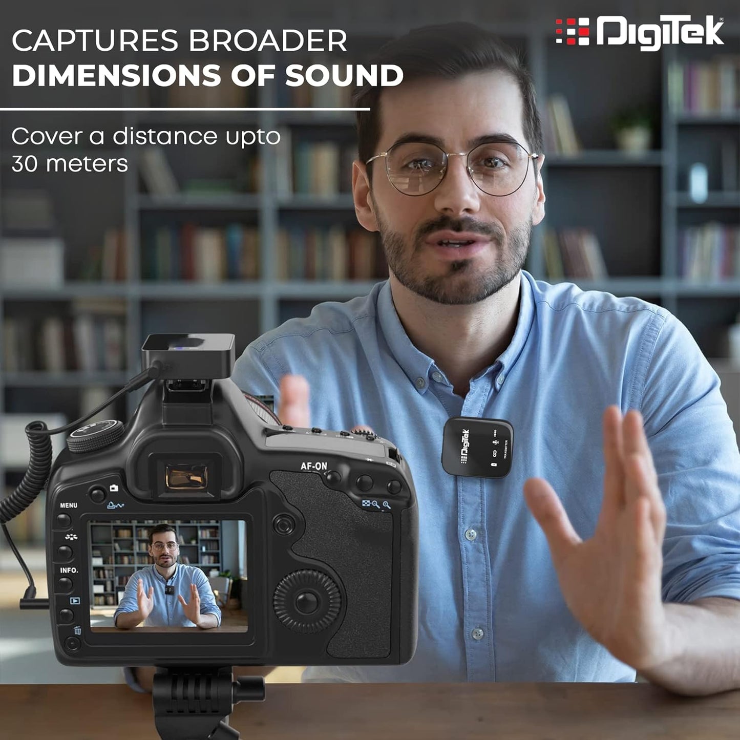 Digitekยฎ (DWM 101 Wireless Microphone System with ANC Noise Reduction, 360ยฐ Sound Capture, 100M Range, Upto 12 Hrs Working Time, for DSLR Camera, Android & iOS Smartphones, Seamless Audio Recording