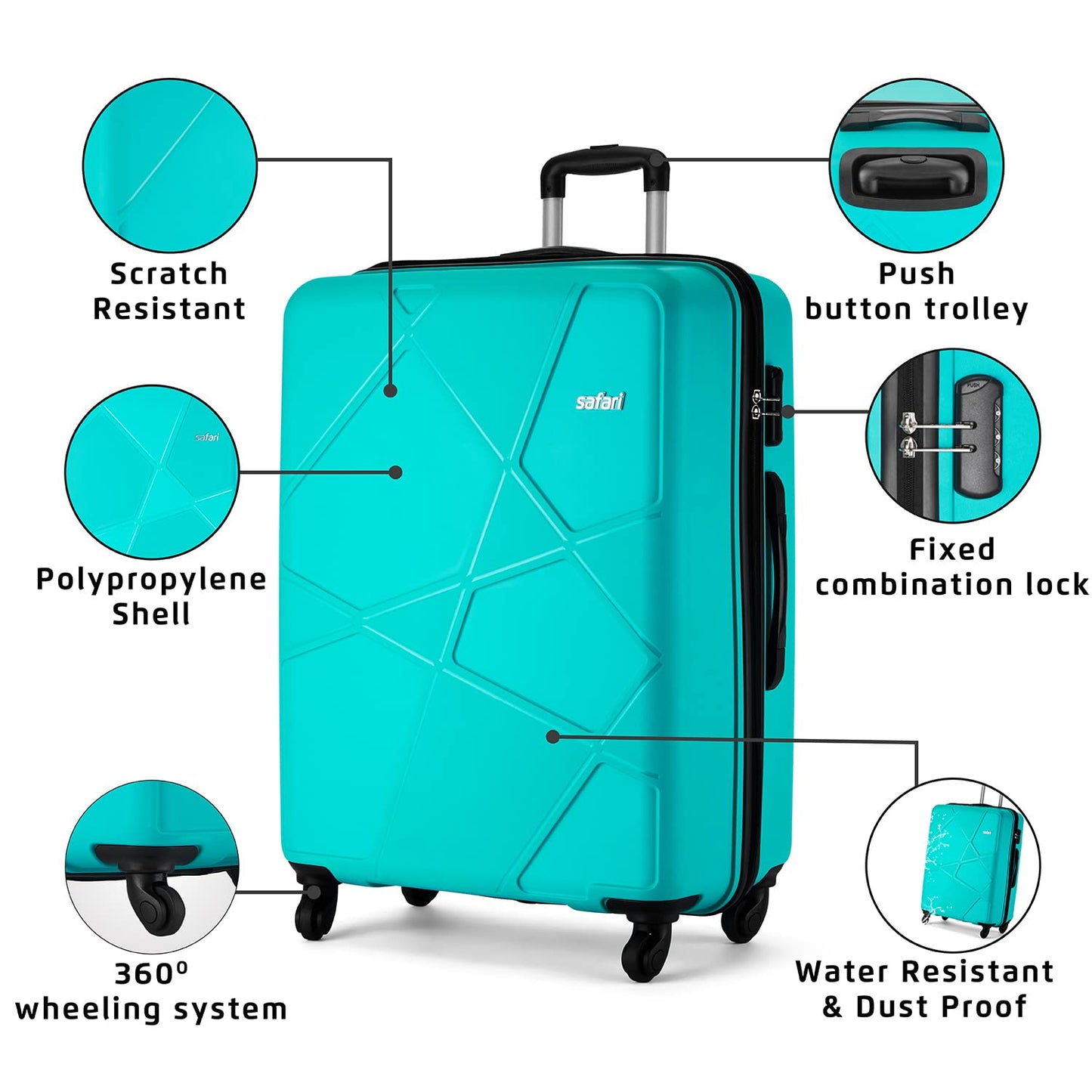 Safari Pentagon 3 Pc Set 55, 65 & 75 Cms- Small, Medium & Large Polypropylene (Pp) Hard Sided 4 Wheels 360 Degree Rotation Luggage Set/Speed_Wheel Suitcase Set/Trolley Bag Set (Cyan Blue)