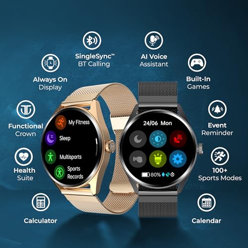 Titan Mirage Premium Fashion Smartwatch|1.96" AMOLED Display with AOD|800 NITS Brightness|410 * 502 Pixel Resolution|Functional Crown|SingleSync BT Calling|IP68 (Metal Strap+ Extra Silicone Strap)