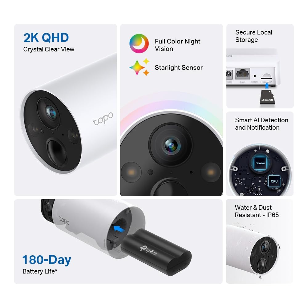 TP-Link Tapo C420S1 4MP Outdoor Smart Wire-Free Security Battery Camera System, Water & dust Proof, Compatible with Alexa & Google Home, 2K QHD, 180-Day Battery Life, 2 Way Audio, IP65, Night Vision