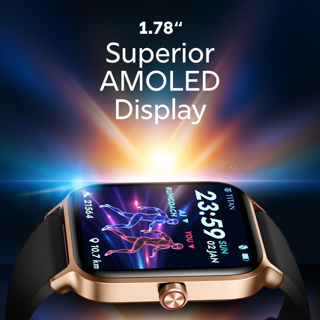Titan Mirage Premium Fashion Smartwatch|1.96" AMOLED Display with AOD|800 NITS Brightness|410 * 502 Pixel Resolution|Functional Crown|SingleSync BT Calling|IP68 (Metal Strap+ Extra Silicone Strap)