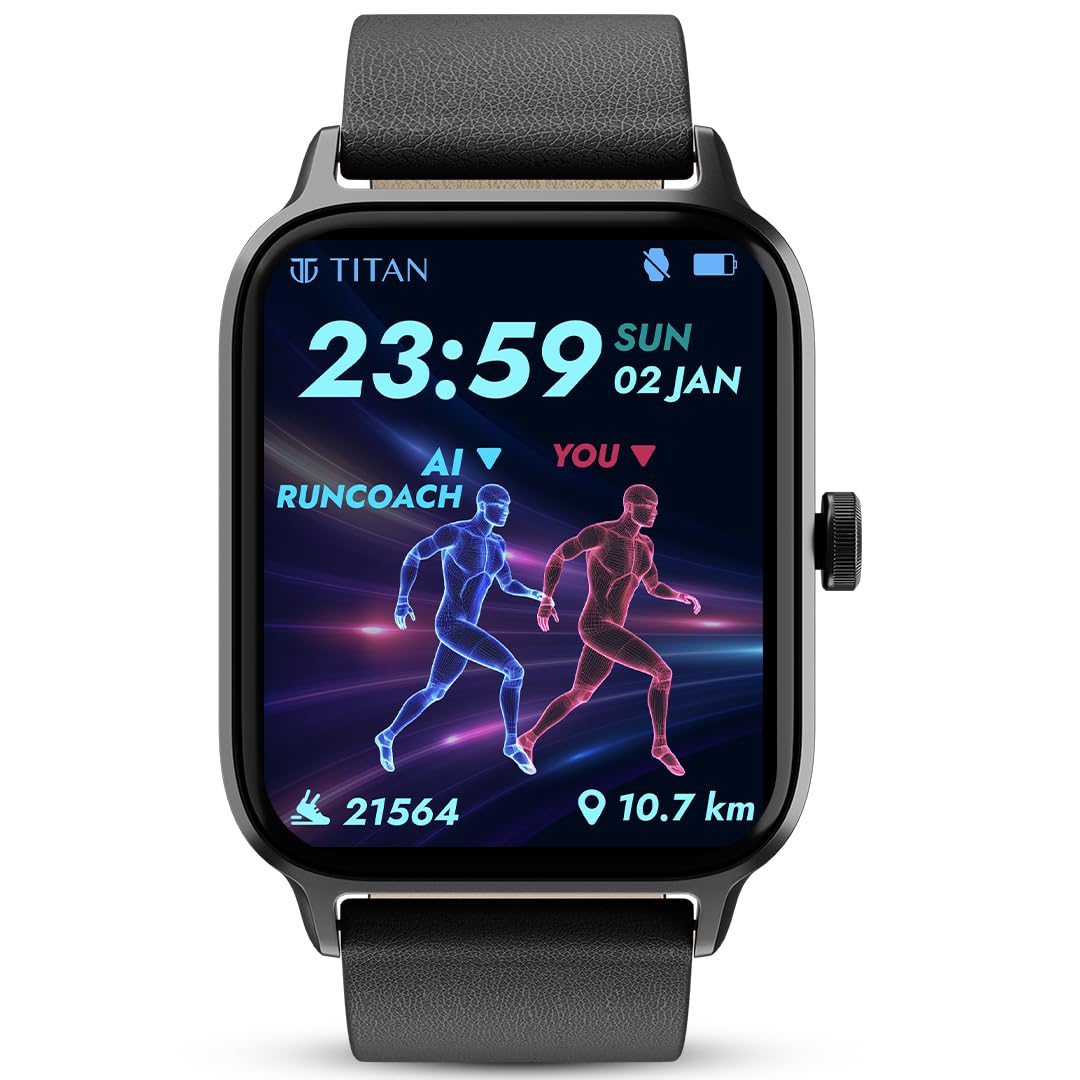 Titan Mirage Premium Fashion Smartwatch|1.96" AMOLED Display with AOD|800 NITS Brightness|410 * 502 Pixel Resolution|Functional Crown|SingleSync BT Calling|IP68 (Metal Strap+ Extra Silicone Strap)