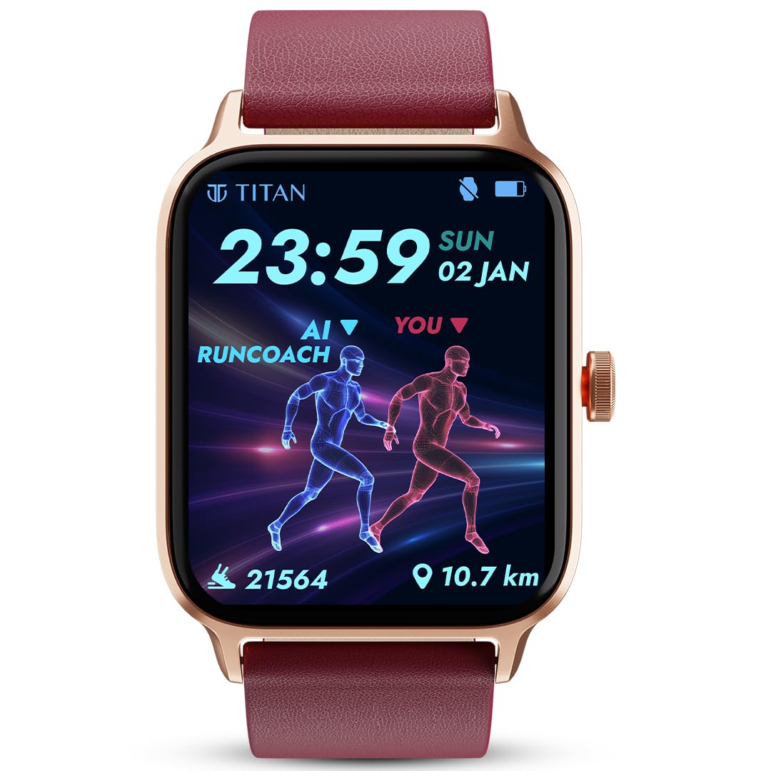 Titan Mirage Premium Fashion Smartwatch|1.96" AMOLED Display with AOD|800 NITS Brightness|410 * 502 Pixel Resolution|Functional Crown|SingleSync BT Calling|IP68 (Metal Strap+ Extra Silicone Strap)