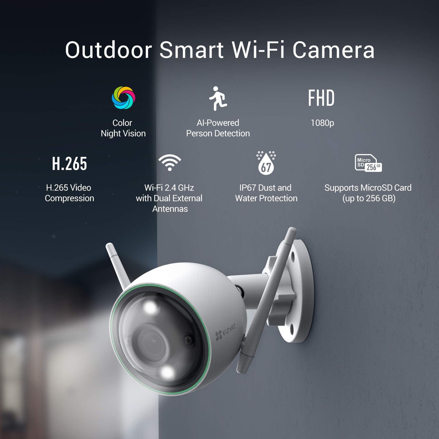 EZVIZ by Hikvision|WiFi Outdoor Security Camera to Secure Your Property with FullHD 1080p Resolution|Night Vision|IP66 Water & Dust Protection|Built in MicroSD Card Upto 256GB, White(C3WN)
