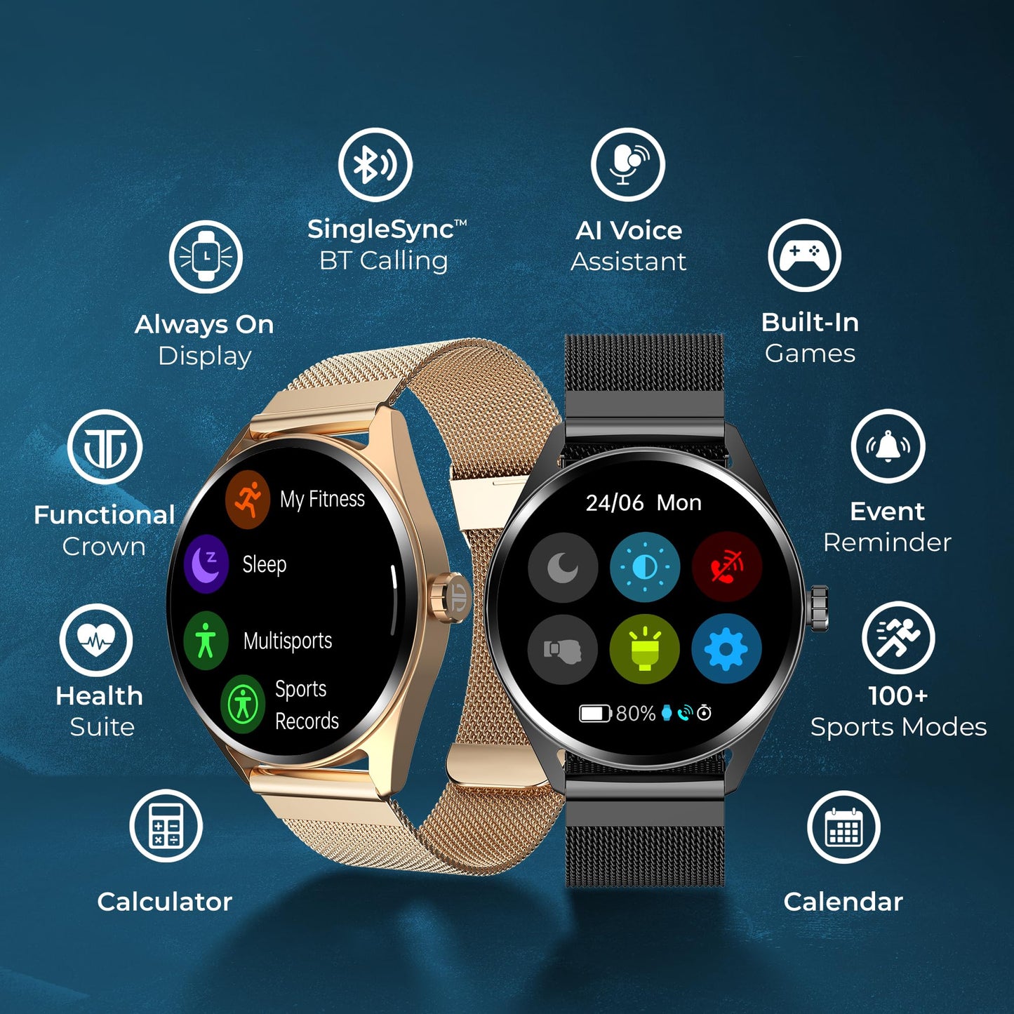 Titan Mirage Premium Fashion Smartwatch|1.96" AMOLED Display with AOD|800 NITS Brightness|410 * 502 Pixel Resolution|Functional Crown|SingleSync BT Calling|IP68 (Metal Strap+ Extra Silicone Strap)