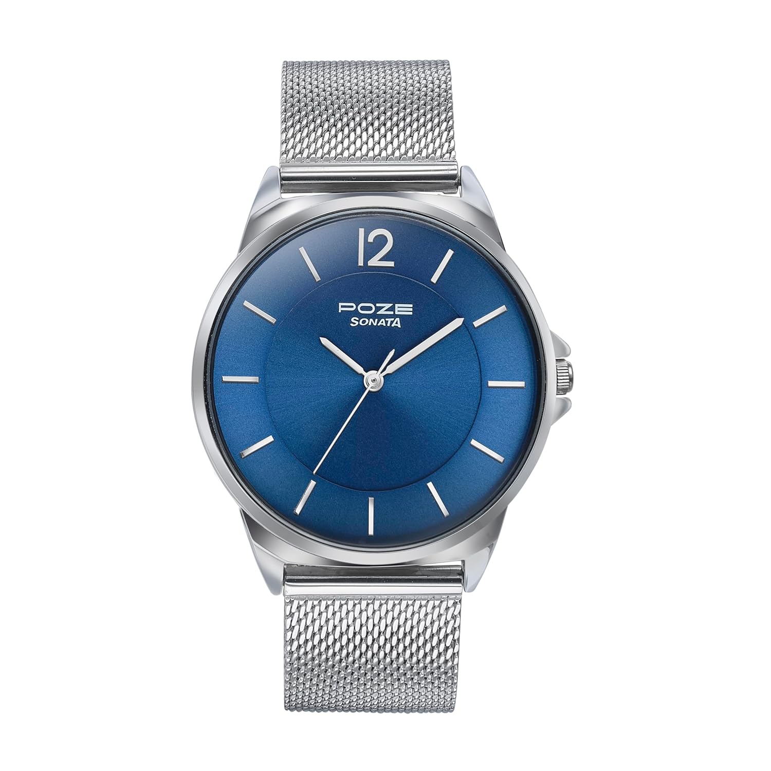 Sonata Poze Quartz Blue Dial Silver Metal Strap for Men