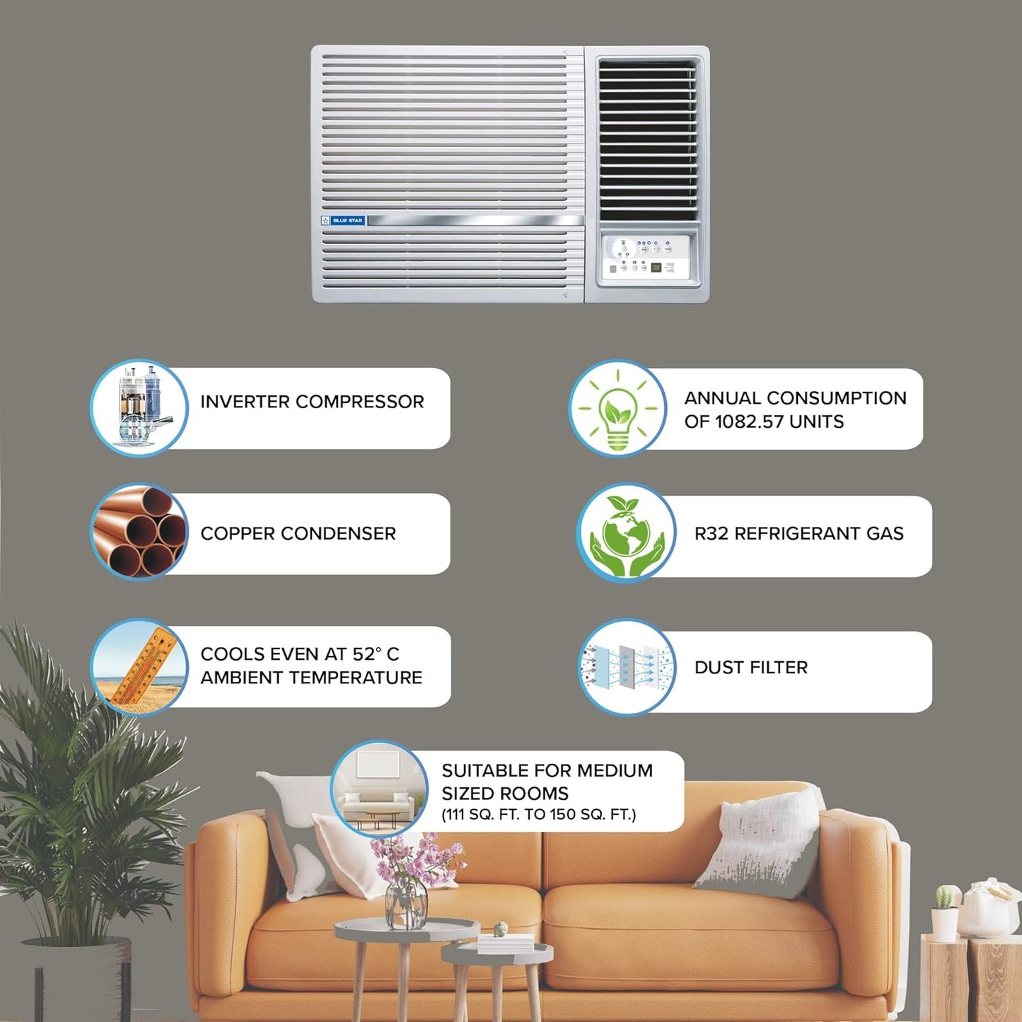 Blue Star 1.5 Ton 5 Star Inverter Window AC (2023 Model, Copper Condenser, Dust Filter, WIB518LN)